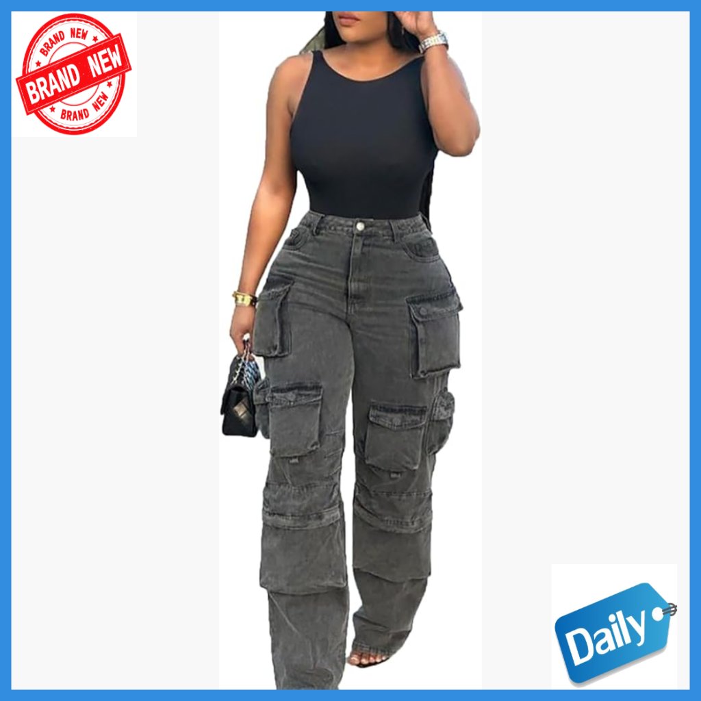 High Waisted Wide Leg Cargo Jeans, Stretch Denim, Y2k Streetwear Pants